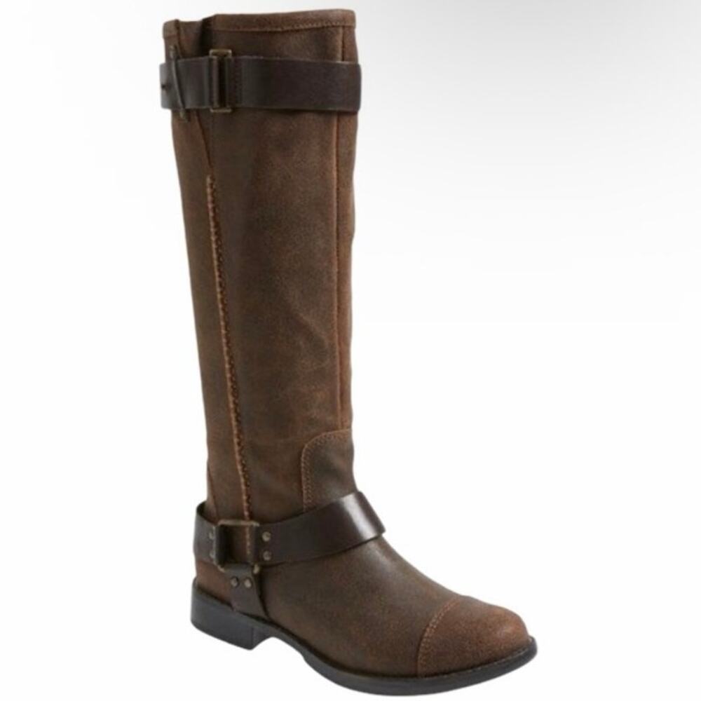 UGG Sz 7.5 Dree Suede Harness Boot Brown Knee Length Slouchy Rugged Distressed